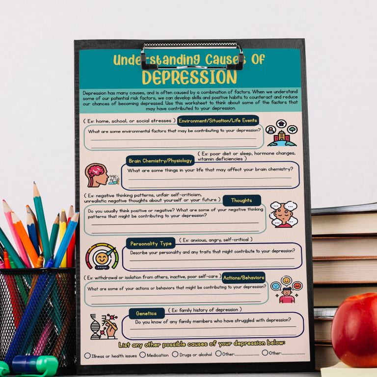Causes of Depression print framed in a therapy office