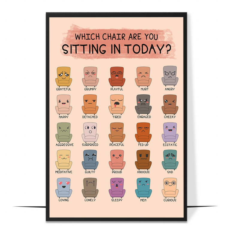 Chair feelings poster — Each feeling shown as a character settled into its own