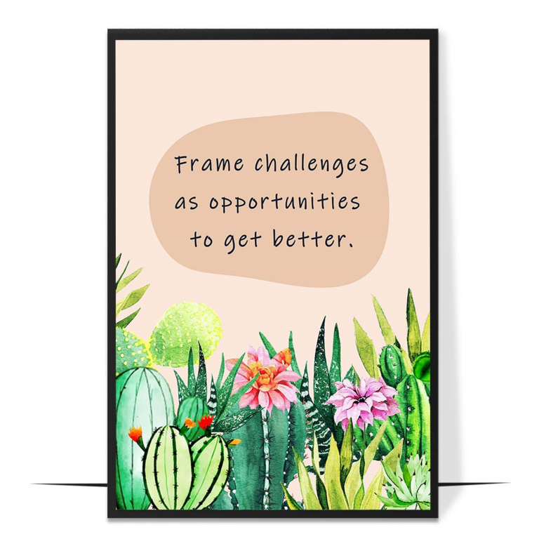 Challenges as Opportunities hand-drawn botanical print — Soft botanical leaves framing a message abou