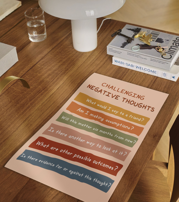 Challenging Negative Thoughts challenging negative thoughts poster framed and displayed in a counseling office