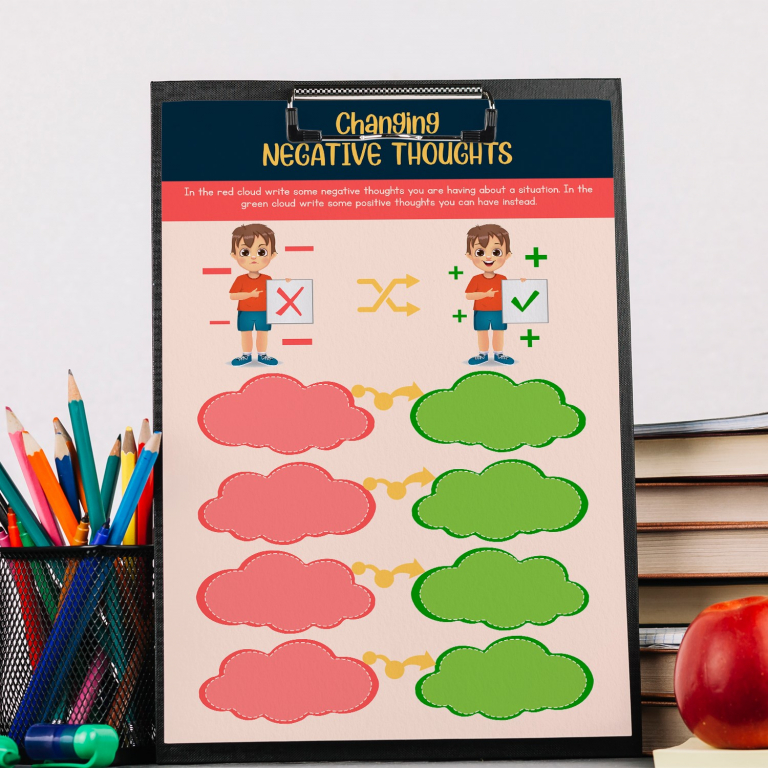 Changing Thoughts Worksheet cognitive restructuring worksheet framed and displayed in a counseling office