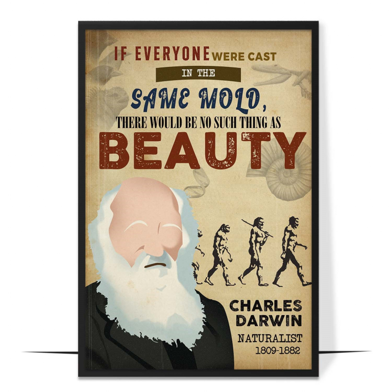 Charles Darwin hand-drawn portrait poster — A clean faceless portrait in warm tones, honou