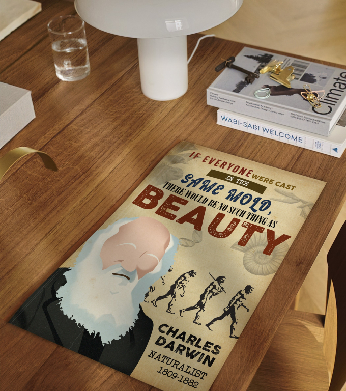 Charles Darwin poster framed and displayed in a classroom