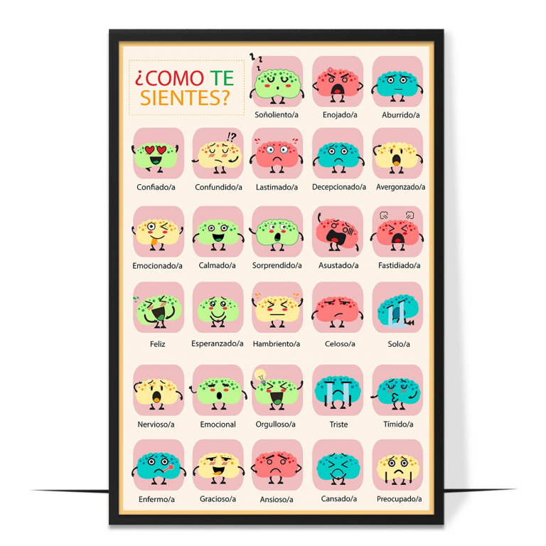 Spanish feelings chart — A friendly grid of faces and feeling words in Spanish,
