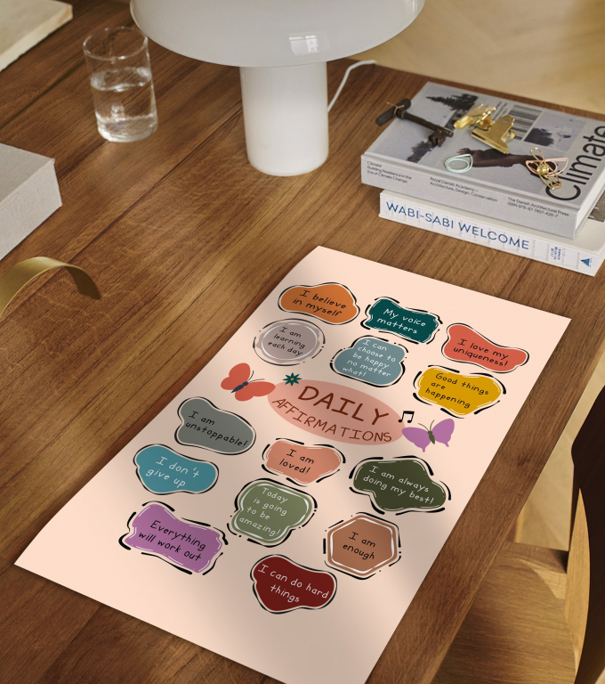 Daily Affirmations boho print framed and displayed in a classroom