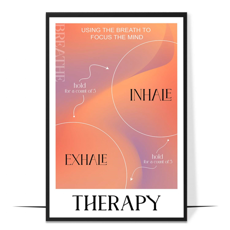 Deep Breath breathing-guide wall art — Inhale, Hold, Exhale cycle in a warm orange and lavender aura