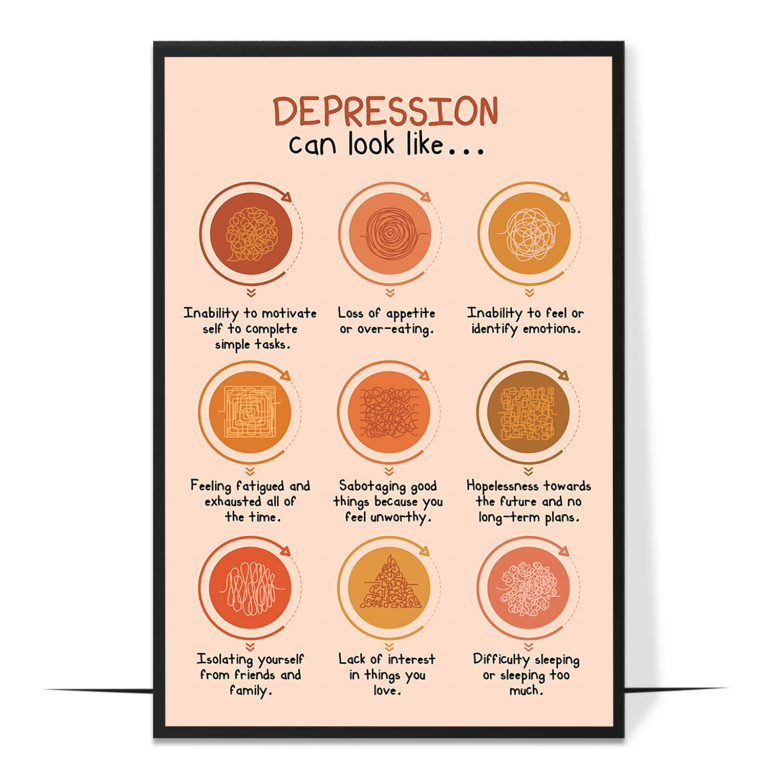 Depression Can Look Like hand-drawn therapy print — A hand-drawn list of depression's less obvious