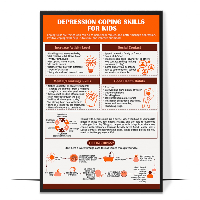 Depression Coping for Kids hand-drawn therapy print — A hand-drawn set of kid-friendly coping ideas