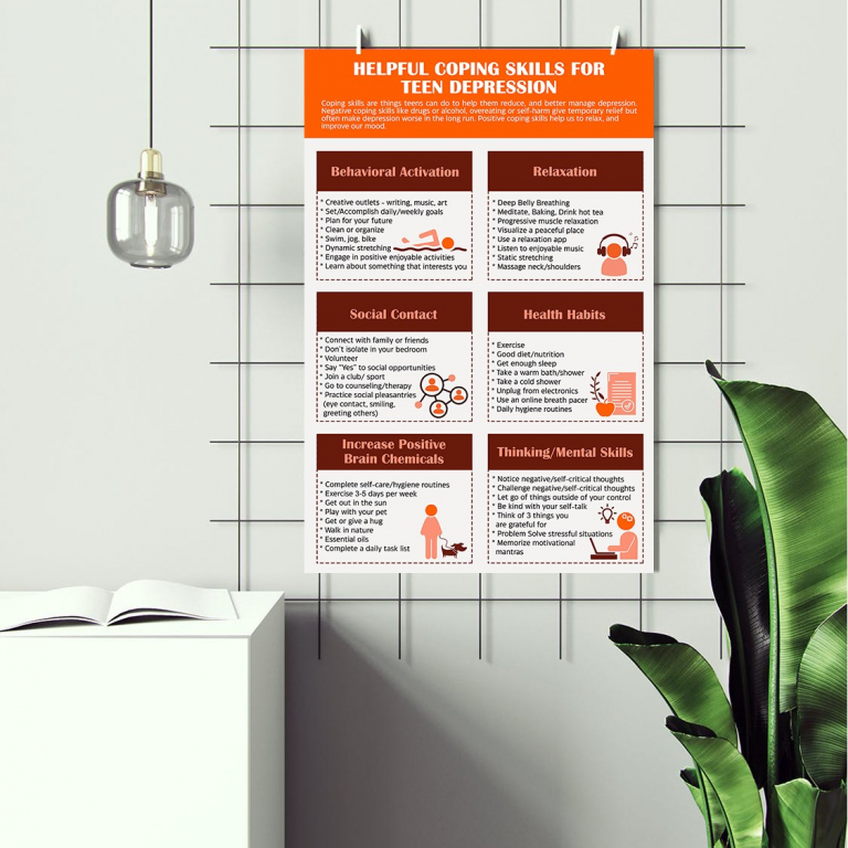 Depression Coping for Teens print framed in a therapy office