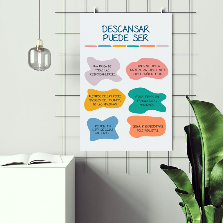 Descansar Puede Ser Descansar Puede Ser framed and displayed in a counseling office