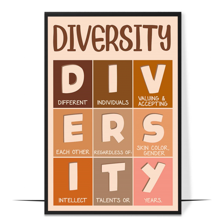 Diversity Equity Inclusion hand-drawn boho print — A boho composition of diverse faces and the ha