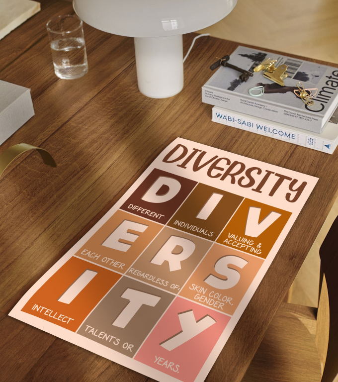 Diversity Equity Inclusion boho print framed and displayed in a classroom