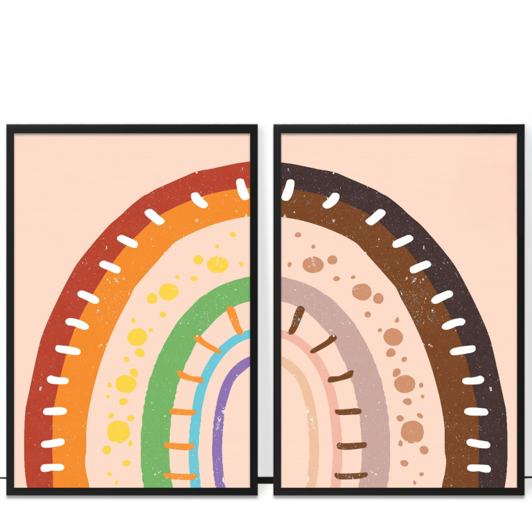 Diversity Rainbow hand-drawn boho print — A boho rainbow of diverse faces and skin tones
