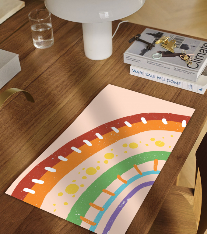 Diversity Rainbow boho print framed and displayed in a classroom