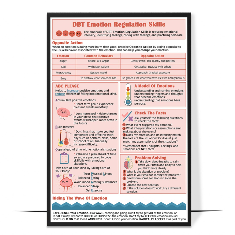 Emotion regulation skills poster — The flow from noticing an emotion to choosing a skill — understa