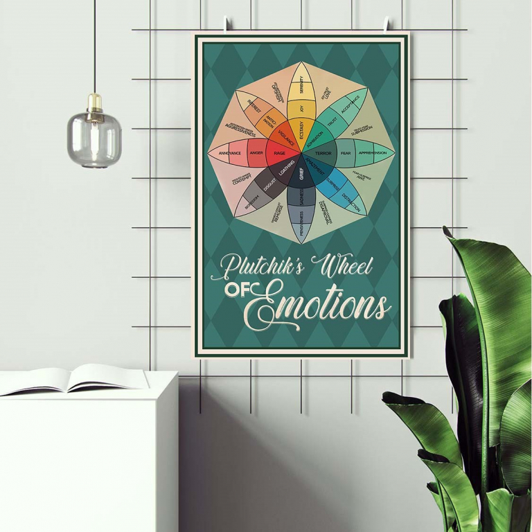 Emotions Wheel print framed and displayed in a living room