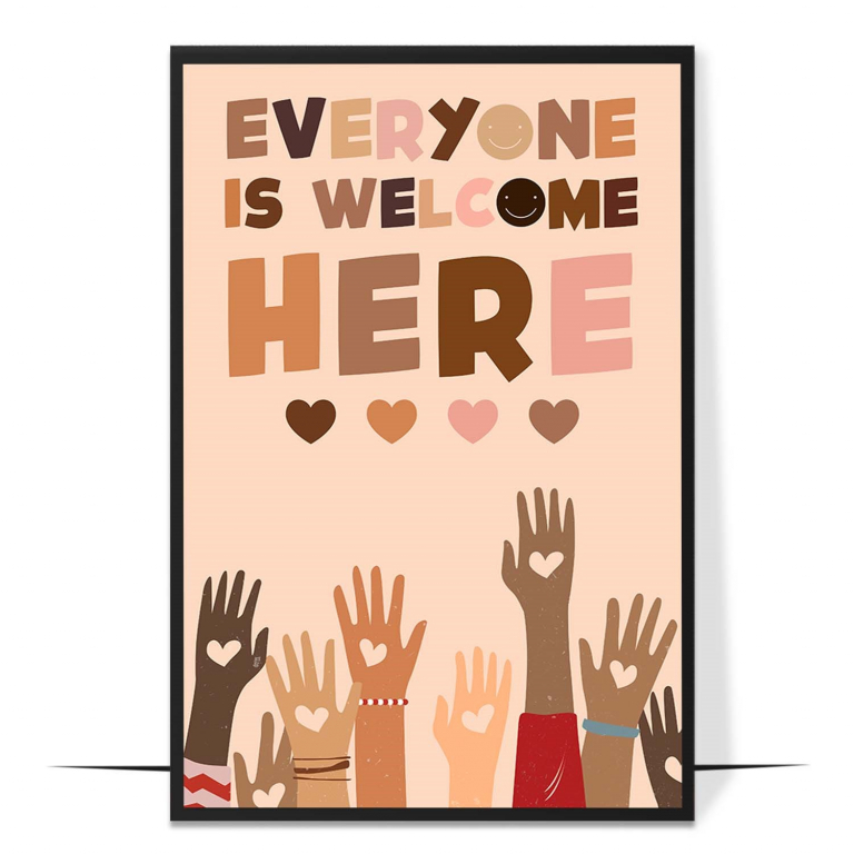 Everyone Is Welcome Here hand-drawn boho print — A boho backdrop of diverse faces behind the ha