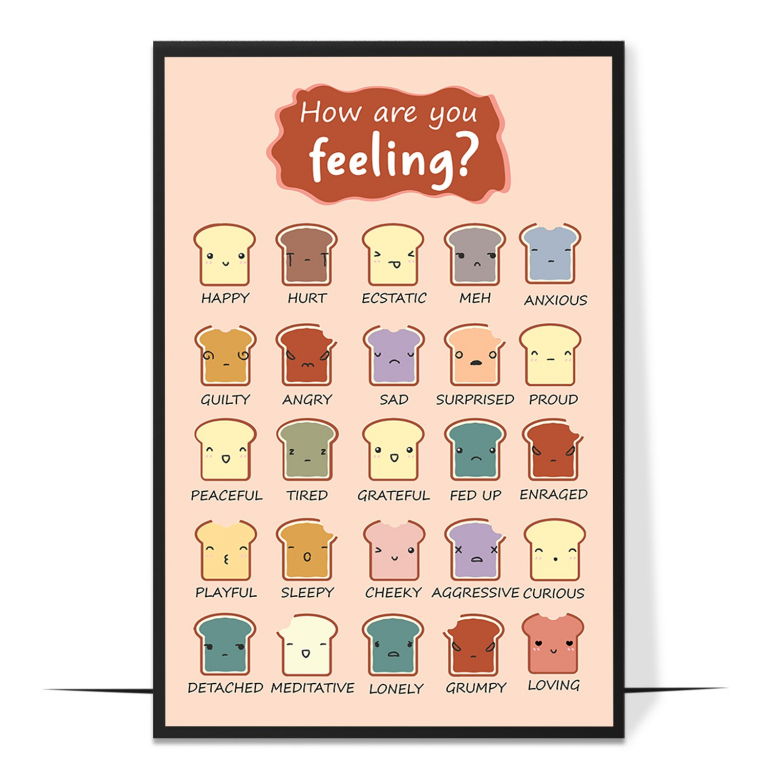 Feelings mood chart — Expressive little characters paired with feeling words