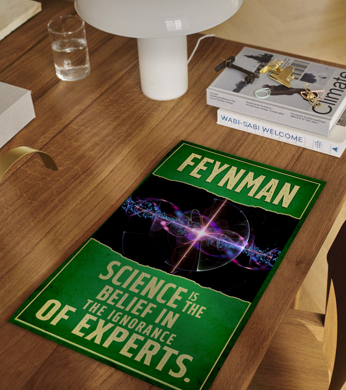 Richard Feynman poster framed and displayed in a classroom
