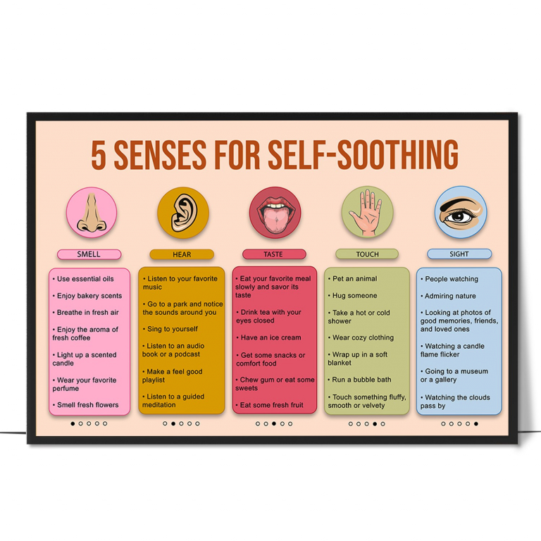 Five senses self-soothing poster — Each of the five senses paired with calming ideas, giv