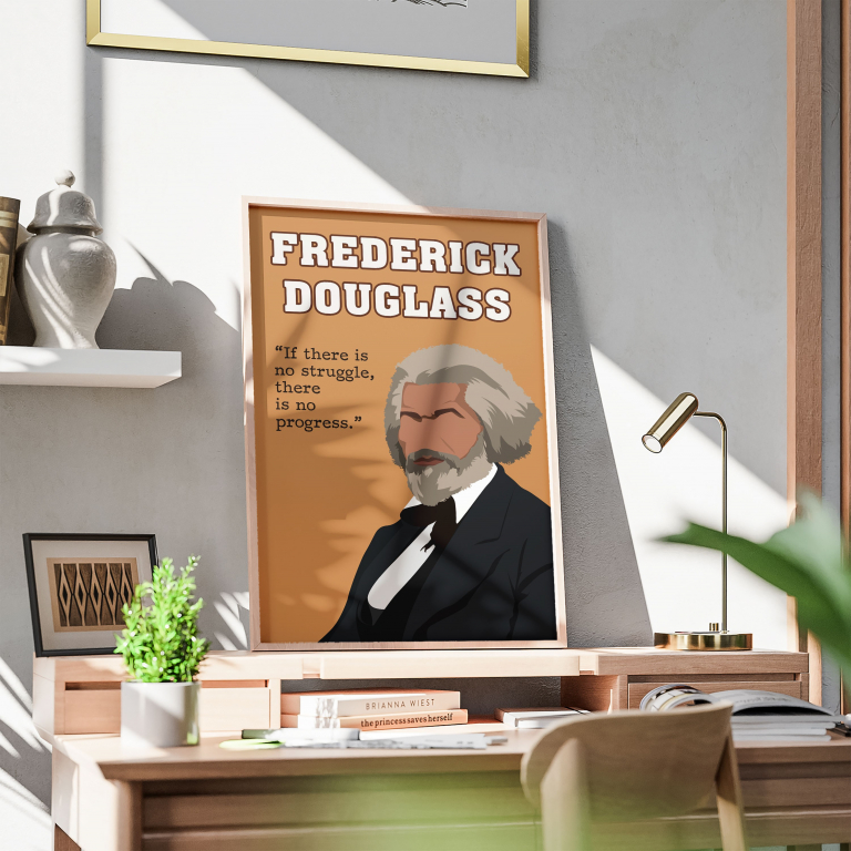 Frederick Douglass poster framed and displayed in a reading nook