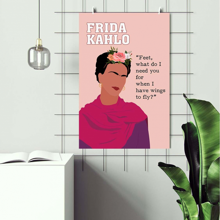Frida Kahlo poster framed and displayed in a home office