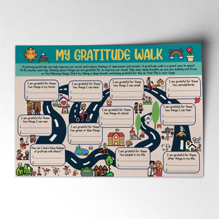 Gratitude Walk hand-drawn therapy print — A hand-drawn fillable layout with walking prom