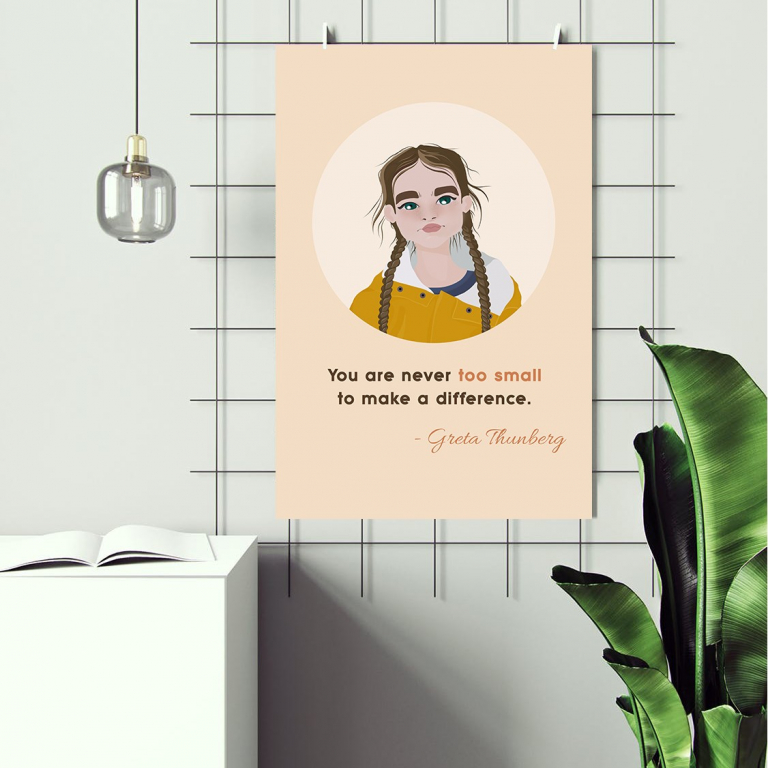 Greta Thunberg poster framed and displayed in a home office