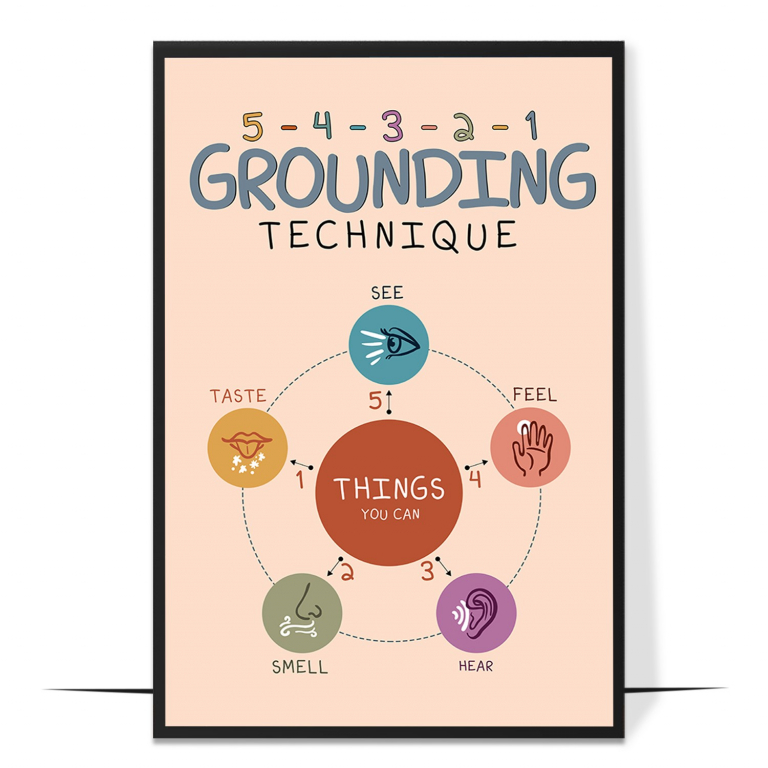 Grounding 5-4-3-2-1 poster — The 5-4-3-2-1 senses countdown in calming boho styling