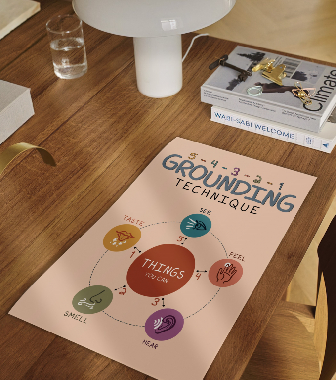 Grounding 5-4-3-2-1 grounding 5-4-3-2-1 poster framed and displayed in a counseling office