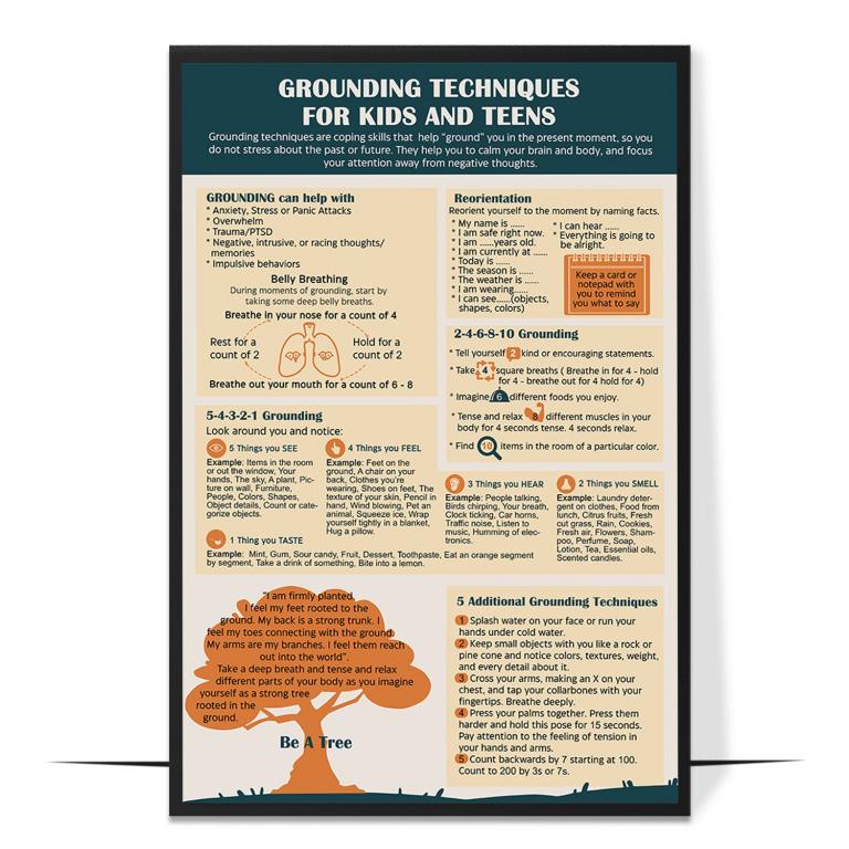 Grounding techniques poster — A clear menu of grounding strategies for kids and teens,