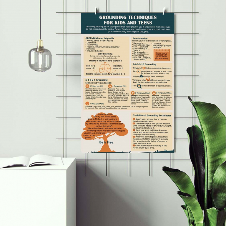 Grounding Techniques grounding techniques poster framed and displayed in a counseling office