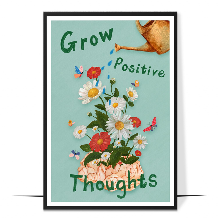 Grow Your Thoughts hand-drawn wall art print — A bold, rainbow-bright garden of growing col
