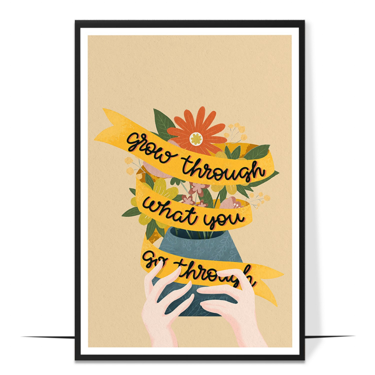 Grow Through hand-drawn wall art print — A bold, rainbow-bright composition framing t