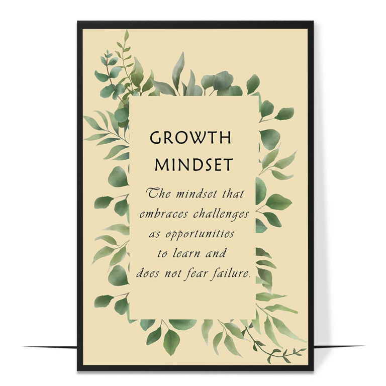 Growth Mindset hand-drawn botanical print — Soft botanical leaves framing the words grow