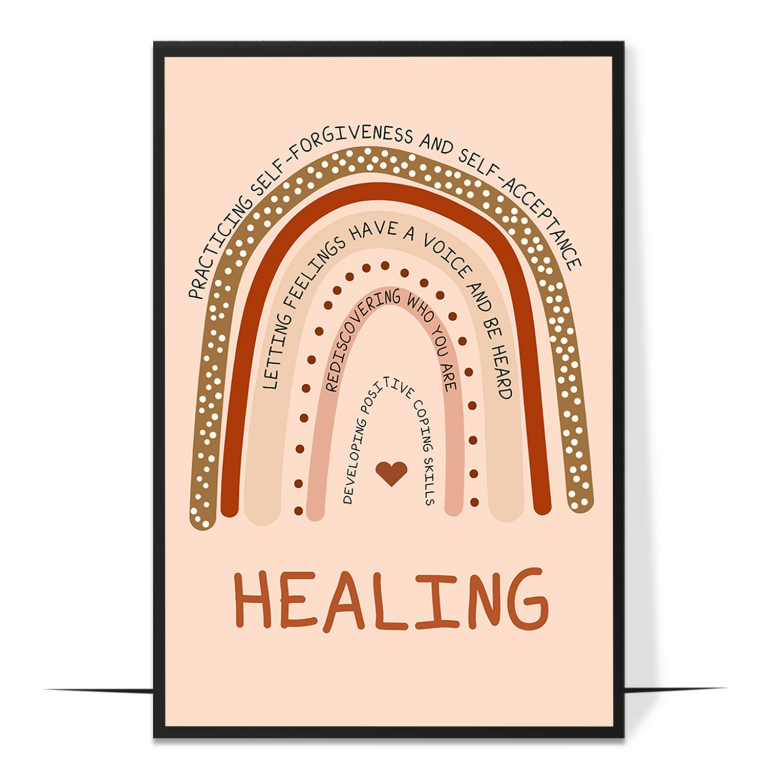 Healing coping skills poster — Soft boho artwork wrapping coping and self-acceptance remind
