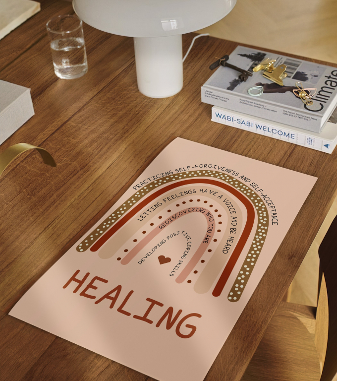 Healing Coping Skills healing coping skills poster framed and displayed in a counseling office