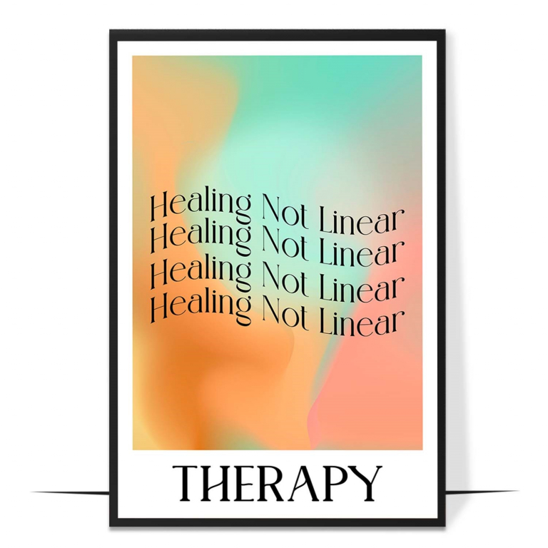 Healing Is Not Linear wall art — the affirmation in soft green, orange and peach aura gradients