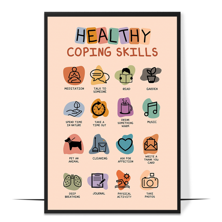 Healthy coping skills poster — Healthy coping options set against less helpful ones in a ca