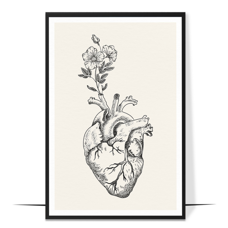 Heart Bloom hand-drawn botanical print — An anatomical heart bursting into soft botan