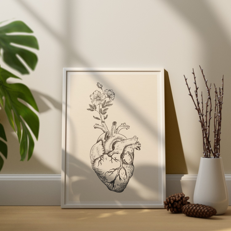 Heart Bloom print framed and displayed in a classroom