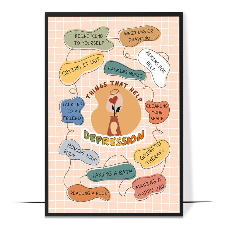 Things that help depression poster — Small, realistic supports for depression framed with c