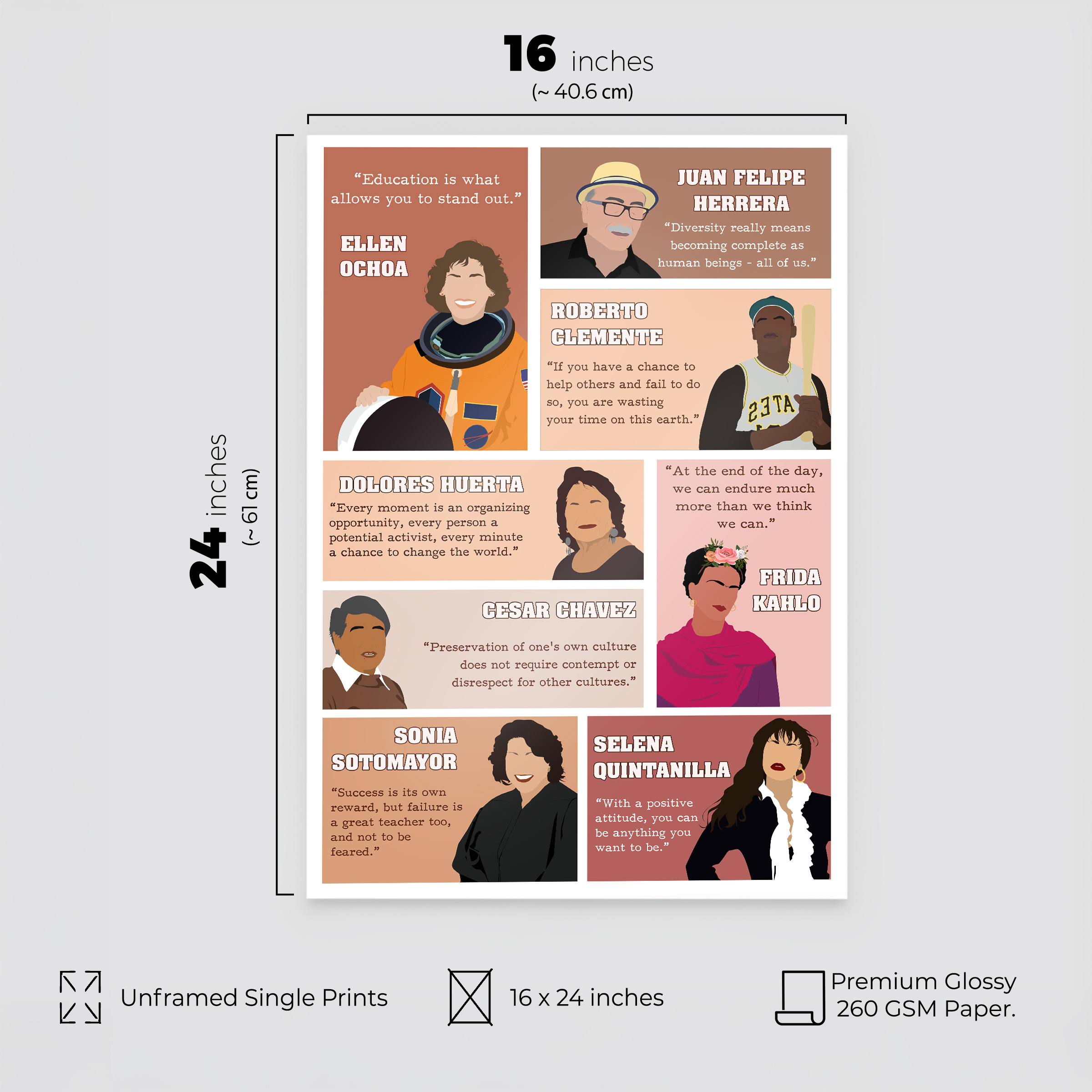 Hispanic Leaders Inspirational Unframed 16x24in Laminated Hand-drawn Wall Art - Image 2