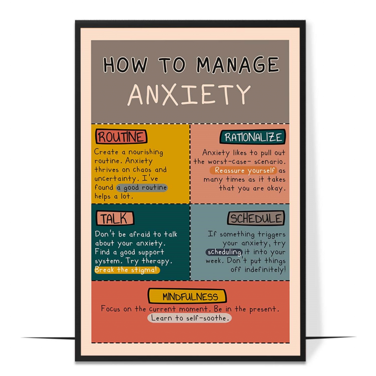 How to manage anxiety poster — A clear menu of anxiety-management strategies grouped by t