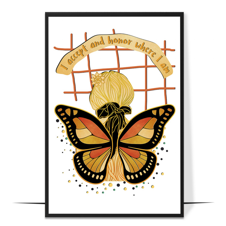 I Accept and Honor Where I Am hand-drawn wall art print — A golden-haired celestial hippie figure amid