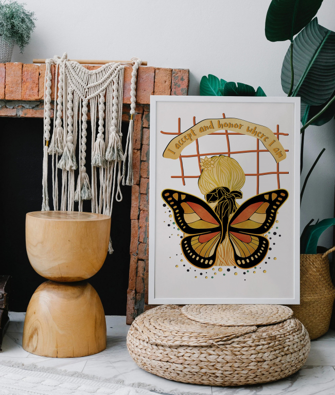 I Accept and Honor Where I Am print framed above a bed