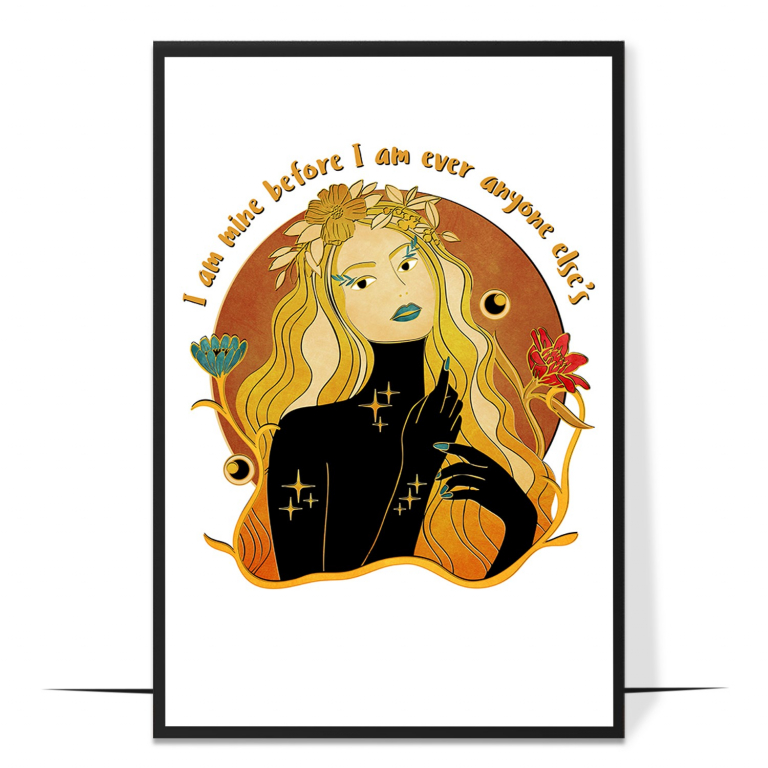 I Am Mine hand-drawn wall art print — A celestial goddess radiating confidence and