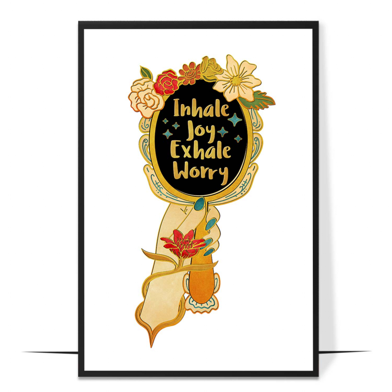 Inhale Joy Exhale Worry hand-drawn wall art print — A celestial hippie figure ringed by swirling