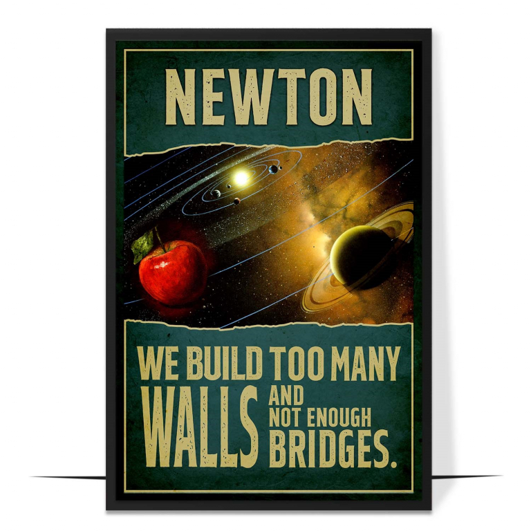 Isaac Newton hand-drawn portrait poster — A spare faceless portrait of Newton with bold