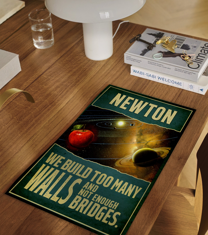 Isaac Newton poster framed and displayed in a classroom
